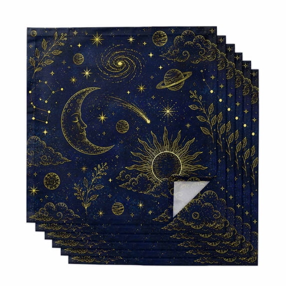 Blue Yellow Abstract Cloth Napkins, Mystical Moon Sun Star Botanical ...