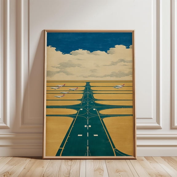 Blue Yellow Airport Runway Poster Abstract Aviation Map Illustration Modern Travel Wall Ar