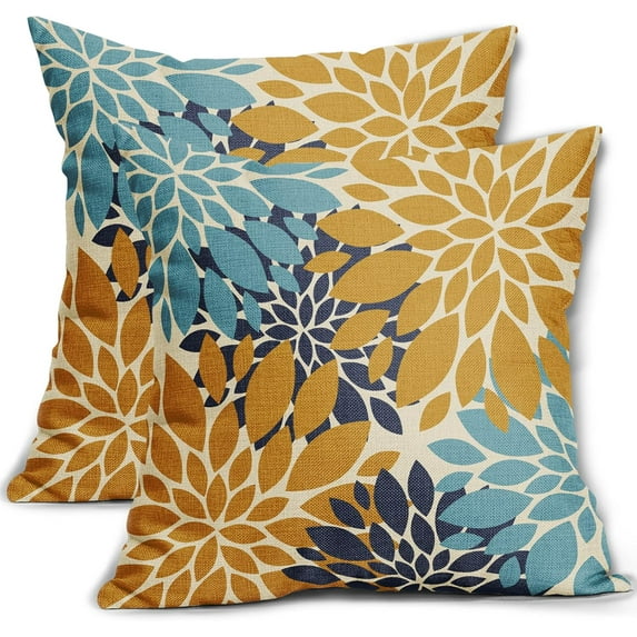 Blue Yellow Aqua Pillow Covers 18x18 Set of 2 Modern Dahlia Floral Decorative Outdoor Pillowcases Geometric Art Flower Farmhouse Throw Cushion Case Decor for Couch Sofa Bed