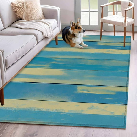 Blue Yellow Area Rug 3x5 FT, Non Slip Entryway Bedside Carpet, Vintage Farmhouse Abstract Wooden Grain Washable Soft Floor Carpet Indoor Mat Throw Rug for Dorm Kitchen Home Office
