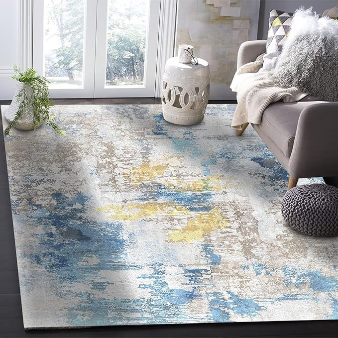 Blue Yellow Area Rug, Modern Oil Painting Abstract Art Carpet, Soft Non ...