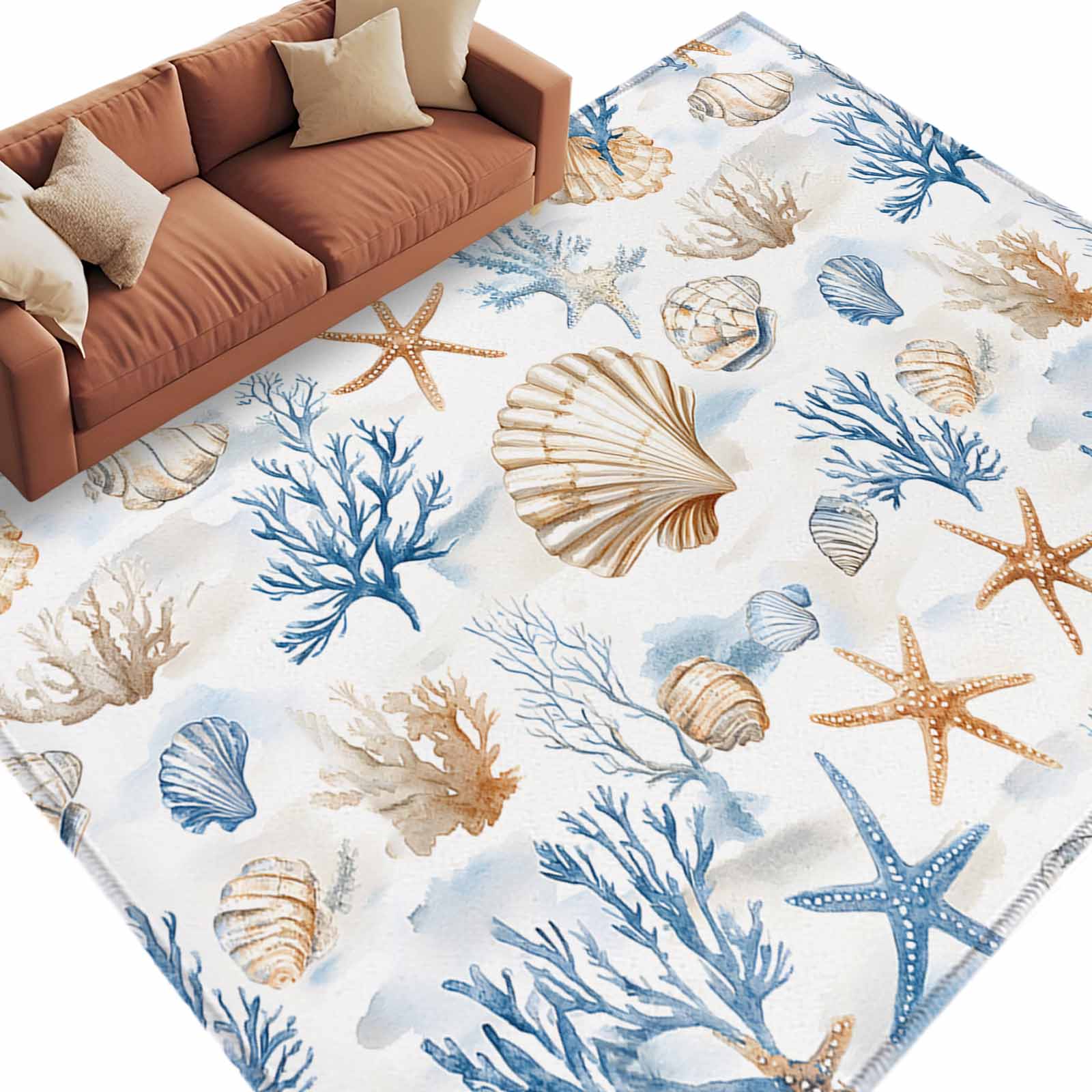 Blue Yellow Area Rug 8x10ft Ocean Coral Shell Starfish Marine Life ...