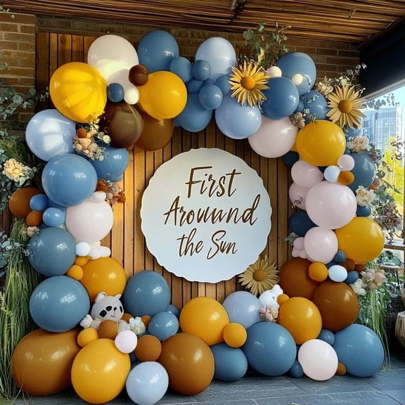 Blue Yellow Balloon Arch - Double Stuffed Dusty Blue Brown Mustard Yellow Coffee Tan Cream Latex Balloons Garland Kit for Birthday Thanksgiving Baby Shower Fall Here Comes the Son Party Decoration