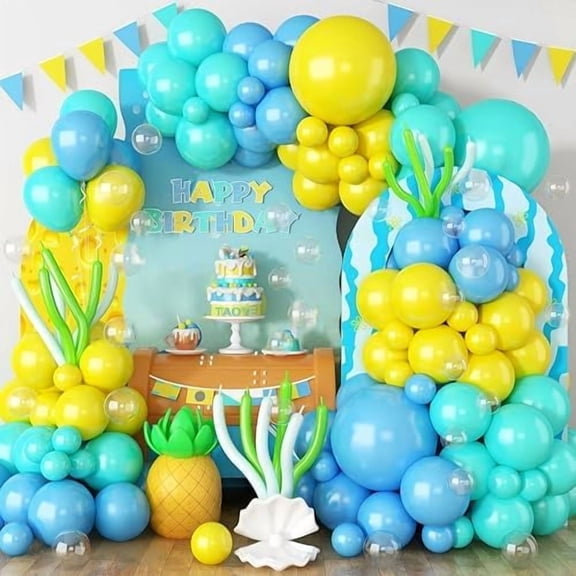 Blue Yellow Balloons Arch Garland Kit, 114Pcs Cartoon Style Light Blue Lemon Yellow Teal Green Latex Balloon Set with Long Balloon for Sea Theme Kids Birthdays Baby Shower Party Decorations