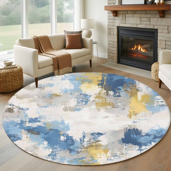 Blue Yellow Beige 8' Round Area Rug, Retro Abstract Modern Art Painting Washable Non-Slip Large Circle Rugs for Living Room Bedroom, Soft Low Pile Rug Carpet for Dining Room Kitchen Farmhouse