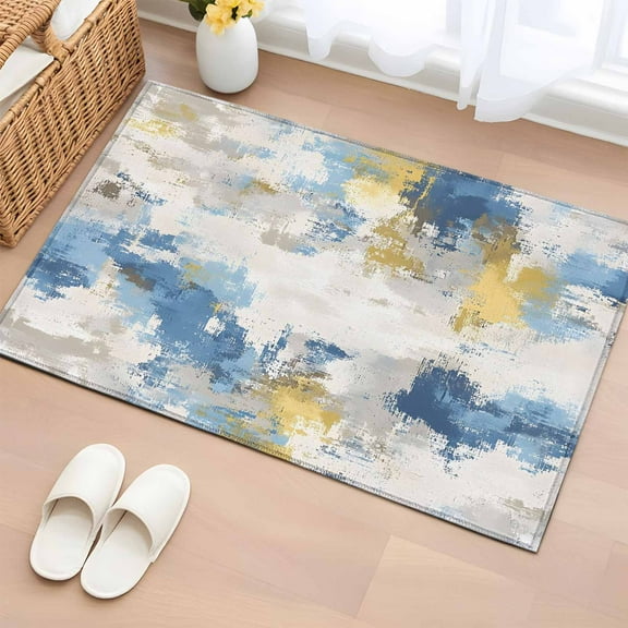 Blue Yellow Beige Bathroom Rug Washable 2x3 Entryway Rug Non Slip Retro Abstract Modern Art Painting Front Door Mat Low Pile Indoor Doormat Throw Floor Carpet for Kitchen Bedroom Entrance
