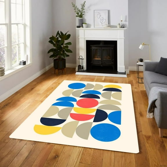 Blue Yellow Beige Mid Century Modern Area Rug Washable Minimalist Rugs For Livingroom Bedroom Boho Vibrant Carpet Under Dining Table Indoor Rug Runner 5x7ft