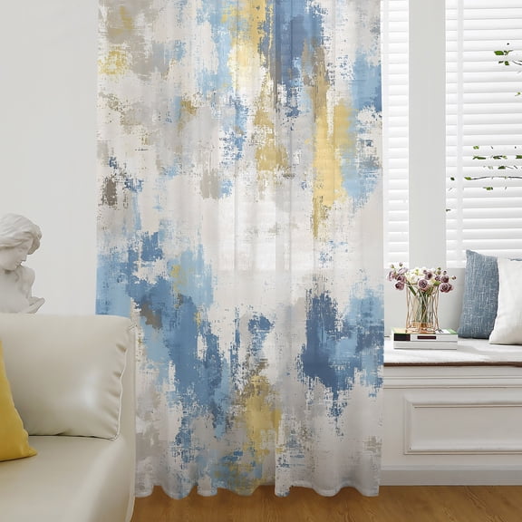 Blue Yellow Beige Sheer Curtains 96 Inch Length, Light Filtering Voile Curtain Panel, Retro Abstract Modern Art Painting Rod Pocket Drapes Window Treatments for Living Room Bedroom 52"x96"