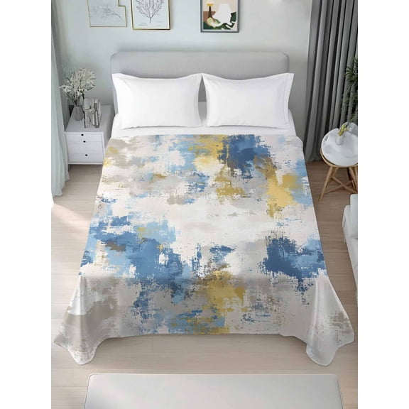 Blue Yellow Beige Twim Size Flat Sheet, Wrinkleproof & Fadeproof Cooling Flat Bed Sheet Only, Retro Abstract Modern Art Painting Breathable Soft Bedding Top Sheets 66 x 96 Inches