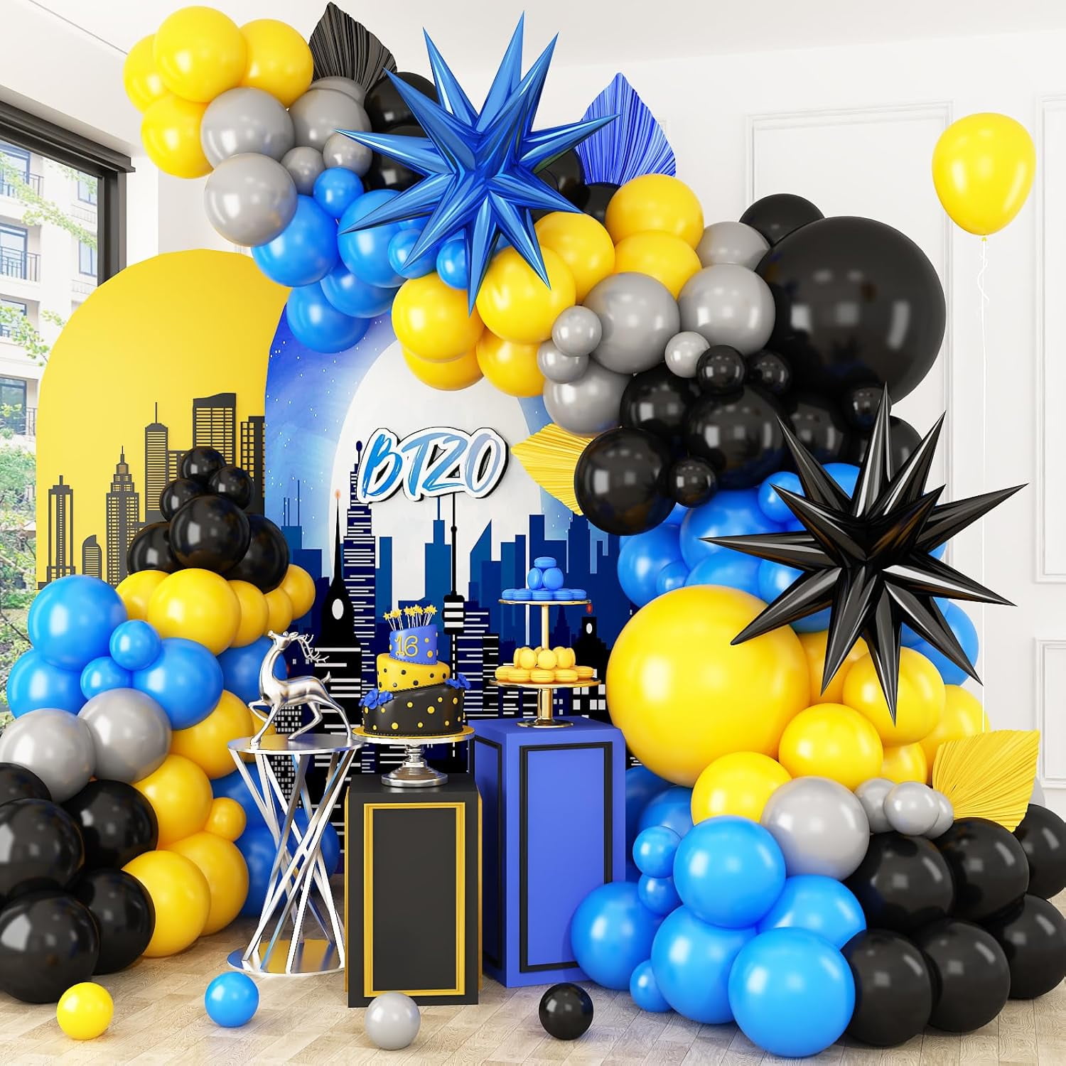 Blue Yellow Black Balloon Arch Kit,Royal Blue Grey Balloon Garland with Star Foil Balloons for Boys Birthday Graduation Decorations