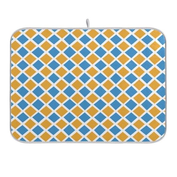 Blue Yellow Block Dish Drying Mat 16x18 Absorbent Microfiber Draining Rack Pad for Kitchen Counter Sink