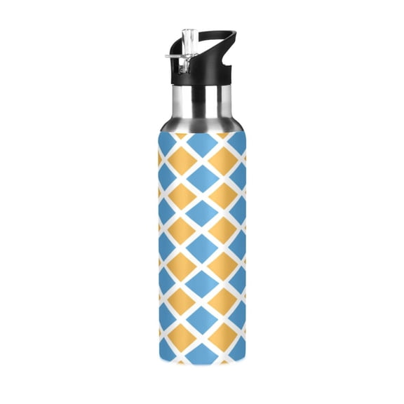 Water Bottles 34oz Straw Lid Wide Mouth Stainless Steel for School Sport Travel Blue Yellow Block