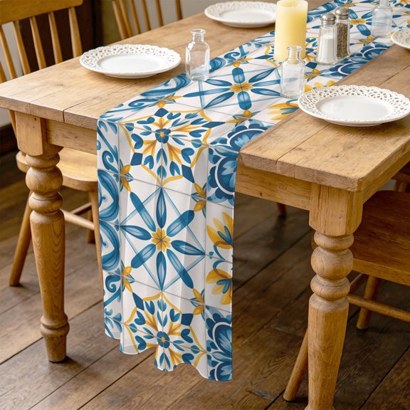 Blue Yellow Boho 10ft Cheesecloth Table Runner for Wedding 27"x120", Geometric Floral Traditional Spanish Style Kitchen Dinner Sheer Tulle Chiffon Dresser Scarf, Holiday Party Decorations