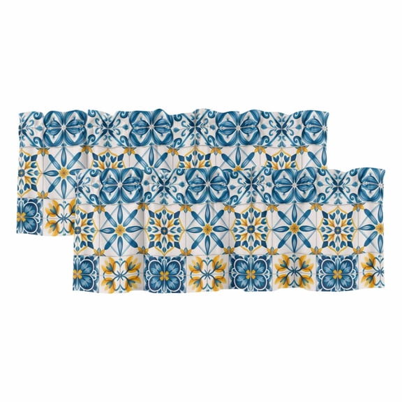Blue Yellow Boho 2 Panels Kitchen Valance, Geometric Floral Traditional Spanish Style Curtains Valances for Small Windows Rod Pocket Window Treatments for Living Room Bedroom 54"W x 18"L