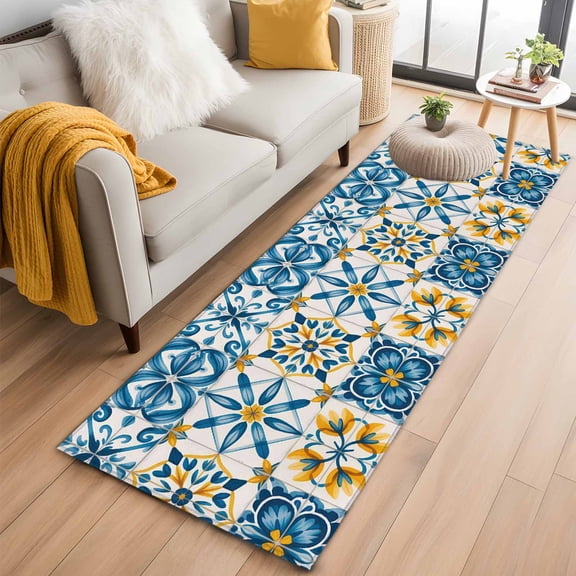 Blue Yellow Boho 2'x6' Runner Rug for Hallway Walkway Kitchen Galley, Geometric Floral Traditional Spanish Style Low Pile Washable Non Slip Long Area Rug