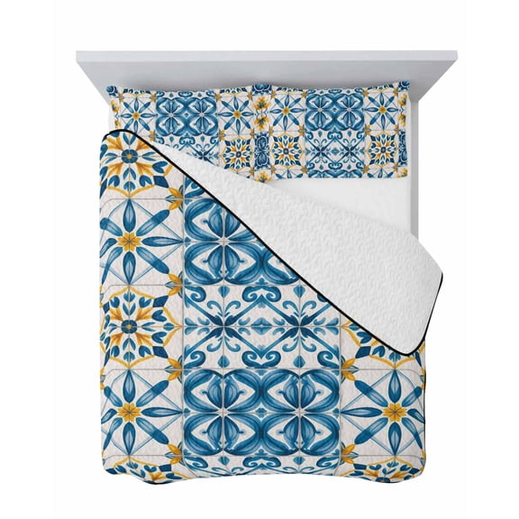 Blue Yellow Boho 3 Piece Quilt Set King Size, Geometric Floral Traditional Spanish Style Soft Bedspread Coverlet Bedding Set Microfiber Lightweight Comforter Set with 2 Pillowcases for Bedroom