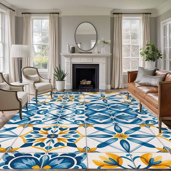 Blue Yellow Boho 6'x9' Rug for Dining Room Table and Chair Setup, Geometric Floral Traditional Spanish Style Low Pile Washable Non Slip Rectangle Area Rug for Living Room