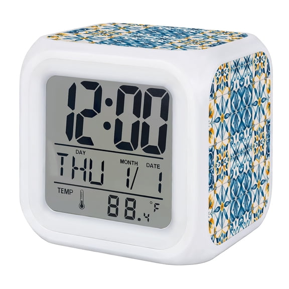 Blue Yellow Boho Alarm Clock, Geometric Floral Traditional Spanish Style Digital Clock Night Light with 7 Color, Calendar Temperature Display, LED Desk Small Clock for Bedrooms Bedside Living Room