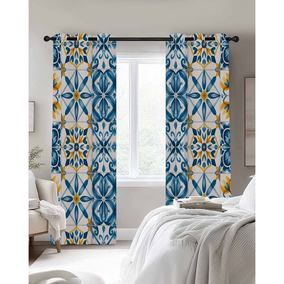 Blue Yellow Boho Blackout Curtains 2 Panels Geometric Floral Traditional Spanish Style Thermal Insulated Grommet Window Curtains for Bedroom Living Room 27.5"x39"