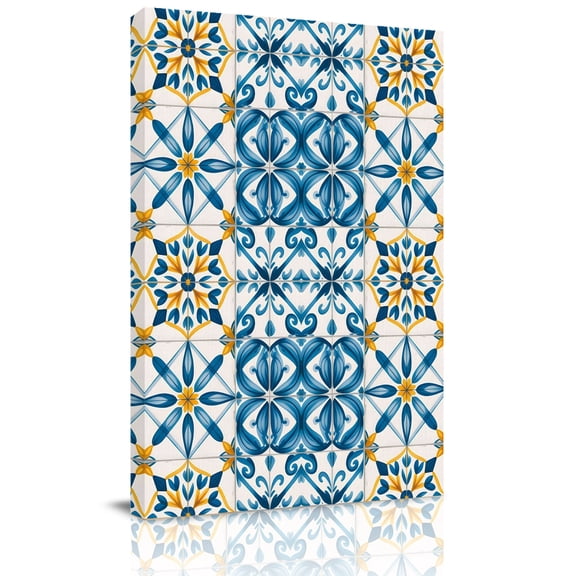 Blue Yellow Boho Canvas Wall Art for Living Room, Geometric Floral Traditional Spanish Style Poster Print Painting for Bedroom Office Home Decoration Wall Pictures Prepare To Hang 16"x24"