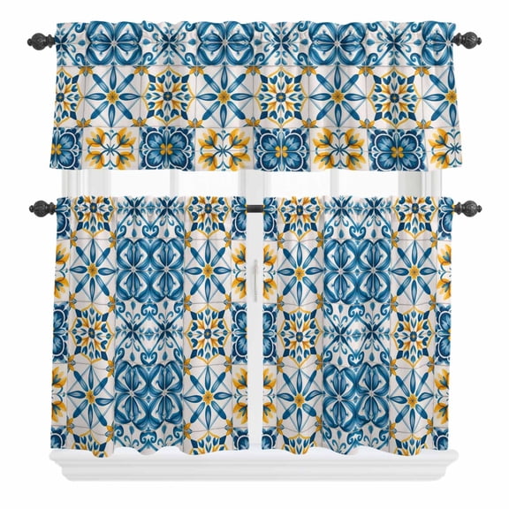 Blue Yellow Boho Curtain Valances Set Geometric Floral Traditional Spanish Style Kitchen Curtains 24 inch Length Rod Pocket Valance and Tiers 3 Piece Set Small Bedroom Bathroom Laundry Decor