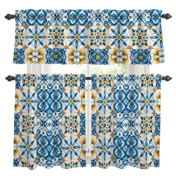 Blue Yellow Boho Kitchen Curtains Valances 3 Piece Set, Geometric Floral Traditional Spanish Style Rod Pocket Tier Curtain and Valance Drapes for Small Window 36 Inch Length for Bedroom Cafe
