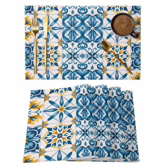 Blue Yellow Boho Placemats Set of 1, Geometric Floral Traditional Spanish Style Non-Slip Place Mats Washable Table Mats for Kitchen Dining Table Decorations Indoor/Outdoor