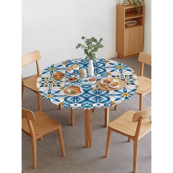 Blue Yellow Boho Round Fitted Tablecloth with Elastic Edge, Geometric Floral Traditional Spanish Style Waterproof Stretch Table Covers for 36"-44" Tables Wipeable Table Cloth for Outdoor