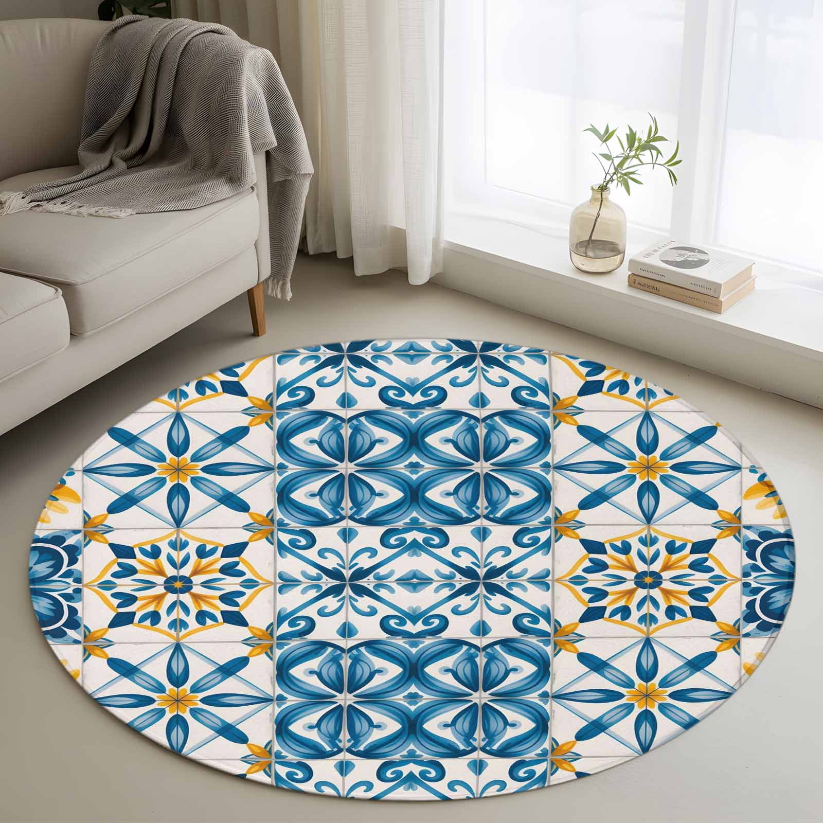 Blue Yellow Boho Round Living Room Rugs 3.3 ft, Geometric Floral ...