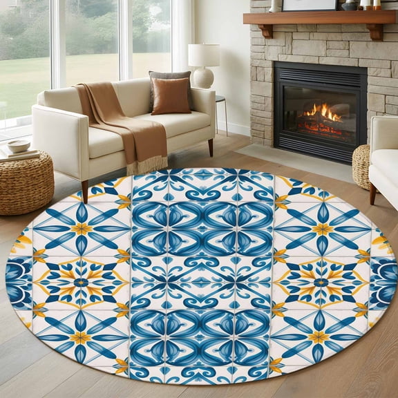 Blue Yellow Boho Round Rugs for Living Room 7ft Geometric Floral Traditional Spanish Style Non Slip Circle Rug Washable Low-Profile Indoor Carpet for Bedroom, Dining Room, Bathroom