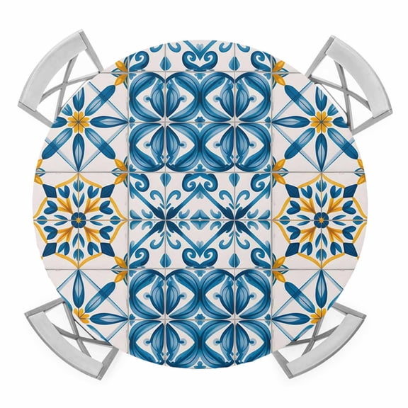 Blue Yellow Boho Round Table Cover, Geometric Floral Traditional Spanish Style Waterproof Fitted Tablecloths for 36"-44" Tables, Washable Picnic Table Cover for Camping Dining Indoor Outdoor