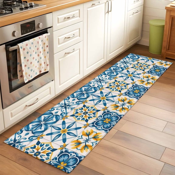 Blue Yellow Boho Runner Rug for Hallway 2x6ft, Geometric Floral Traditional Spanish Style Non Slip Floor Mat Washable Low-Profile Indoor Carpet for Living Room, Bedroom, Dining Room