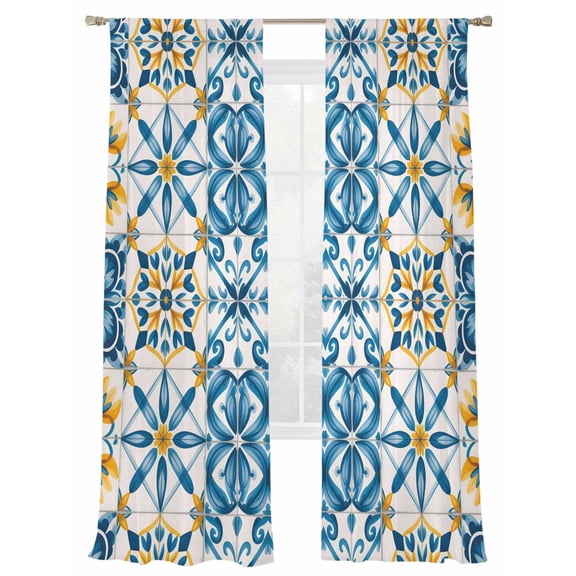 Blue Yellow Boho Sheer Curtains 2 Panels Set Geometric Floral Traditional Spanish Style Sheer Window Curtains Light Filtering Rod Pocket Voile Drapes for Bedroom Living Room 52"X108"