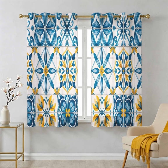 Blue Yellow Boho Sheer Curtains 39 Inch Long 2 Panels, Geometric Floral Traditional Spanish Style Light Filtering Semi Sheer Drapes Grommet Voile Window Curtain for Living Bedroom W27.9 x L39