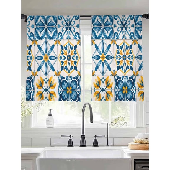 Blue Yellow Boho Sheer Curtains 45 inches Long, Geometric Floral Traditional Spanish Style Light Filtering Sheer Window Curtains Rod Pocket Voile Drapes for Bedroom Living Room, 2 Panels