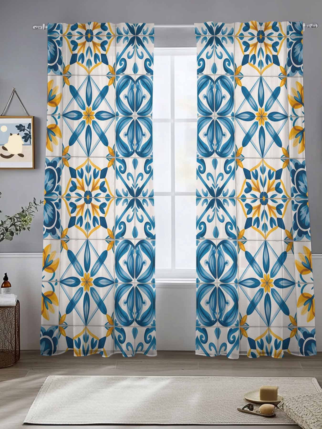 Blue Yellow Boho Sheer Curtains 84 inches Long, Geometric Floral