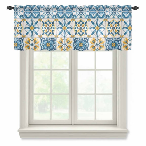 Blue Yellow Boho Sheer Valances for Windows, Geometric Floral Traditional Spanish Style Semi Sheer Kitchen Valance Rod Pocket Small Voile Window Curtains for Living Room Bedroom 42 x 12 Inch
