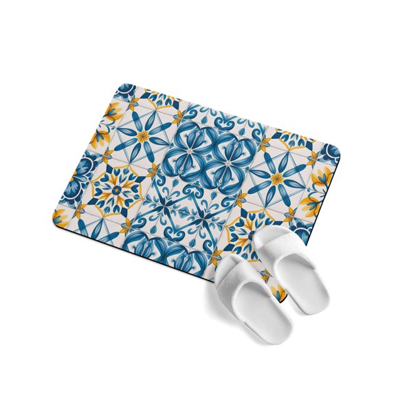 Blue Yellow Boho Soft Diatomaceous Earth Mat, Geometric Floral Traditional Spanish Style Absorbent Bath Mat Non Slip Rubber Backed Quick Dry Doormat Fit Under Door for Bathroom Kitchen 24"x36"