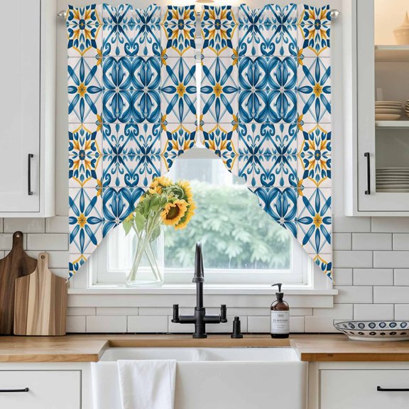 Blue Yellow Boho Swag Curtain Valance for Windows, Geometric Floral Traditional Spanish Style Window Treatments Short Swag Topper for Kitchen Windows Bathroom Bedroom, 28"x36"