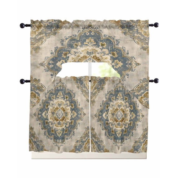 Blue Yellow Boho Swag Curtains for Living Room/Bedroom Windows, Ethnic Vintage Southwestern Geometric Kitchen Curtains and Valances Set 36 Inch Length, Light Filtering Swags Valance Curtain Panels