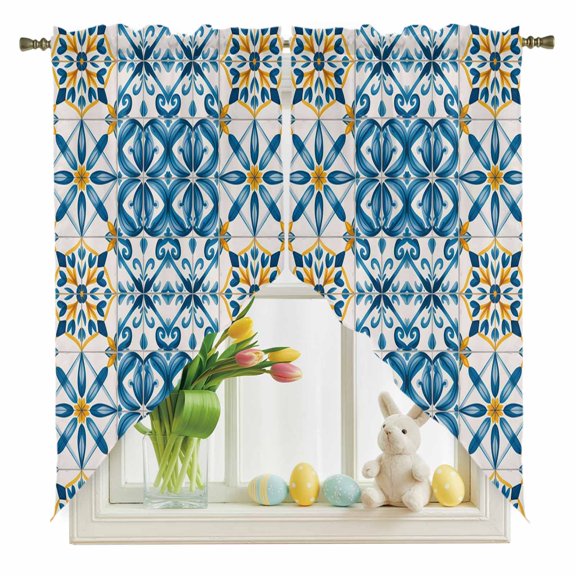 Blue Yellow Boho Swag Kitchen Curtain Valances, Geometric Floral Traditional Spanish Style Rod Pocket Curtains Window Treatment Decor Valances for Bedroom Bathroom, 2 Panels 28 x 36 Inch