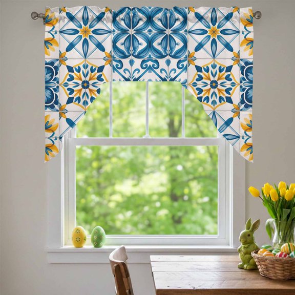 Blue Yellow Boho Swag Valances for Kitchen Window, Geometric Floral Traditional Spanish Style Small Swag Valances Rod Pocket Curtain Drapes Window Treatment for Bedroom Bathroom, 56x36 Inch