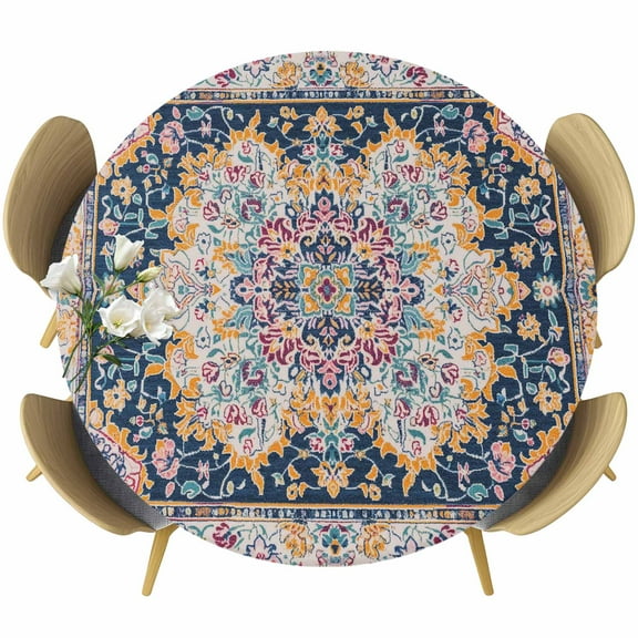 Blue Yellow Boho Table Cloth, Round Fitted Tablecloths with Elastic Edge, Ethnic Vintage Mexican Flowers Southwestern Wipeable Waterproof Table Cover for Kitchen Wedding 36-44 Inches