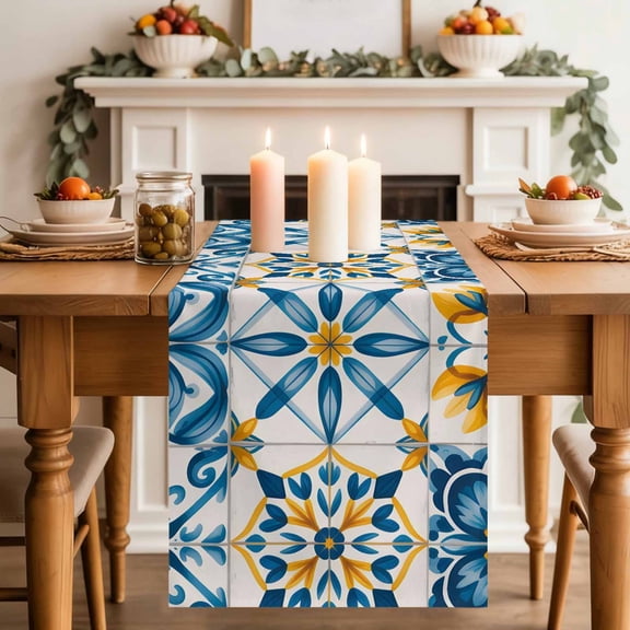Blue Yellow Boho Table Runner, Geometric Floral Traditional Spanish Style Cotton Linen Kitchen Table Decoration Washable Dining Tabletop Runners for Home Party Decor 13x36 Inches