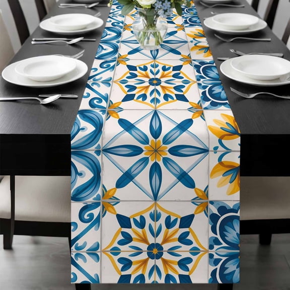 Blue Yellow Boho Table Runner, Geometric Floral Traditional Spanish Style Washable Cotton-linen Table Runners Dining Kitchen Decoration for Everyday Home Wedding Party Decor, 13 x 36 Inch