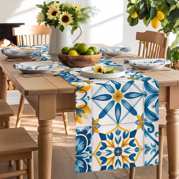 Blue Yellow Boho Table Runner, Geometric Floral Traditional Spanish Style Washable Kitchen Table Runners Dress Scarves for Dining Table Decorations Party/Restaurant/Indoor Outdoor Use, 13x48in