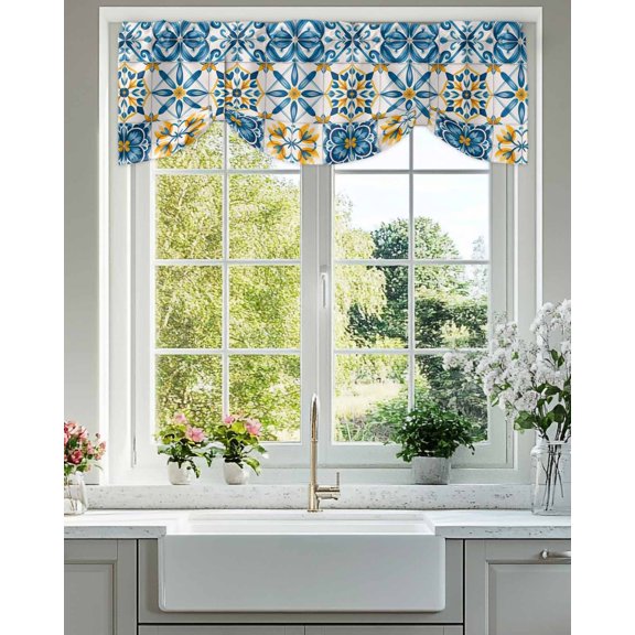 Blue Yellow Boho Tie Up Valances Curtain, Adjustable Kitchen Geometric Floral Traditional Spanish Style Valances for Windows Decor, Rod Pocket Short Curtains Set for Bedroom/Bathroom, 42"x12"
