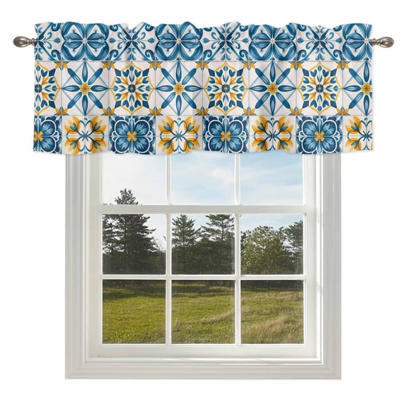 Blue Yellow Boho Valances for Windows, 42x18in, Geometric Floral Traditional Spanish Style Rod Pocket Kitchen Valance Curtain Light Filtering Window Treatments for Living Room Bedroom