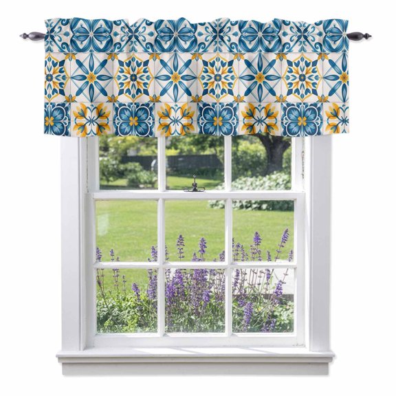 Blue Yellow Boho Valances for Windows Geometric Floral Traditional Spanish Style Rod Pocket Cafe Window Treatments Valance Curtains for Kitchen Bathroom Laundry Basement Windows 54"x18"