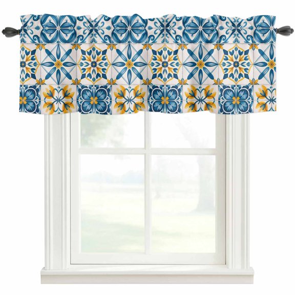 Blue Yellow Boho Valances for Windows Geometric Floral Traditional Spanish Style Rod Pocket Curtain Valance Window Treatment Short Curtains for Kitchen Living Room, 42"x12"